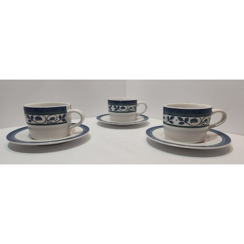 Vintage Pfaltzgraff Orleans Set Of 3 Cups And Saucers Blue Vine